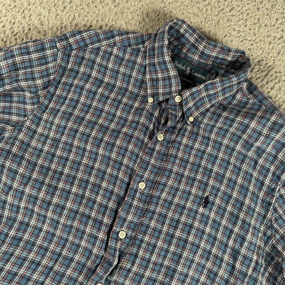 Ralph Lauren Shirt Men's Large Blue Plaid Button Down 100% Linen Custom Fit